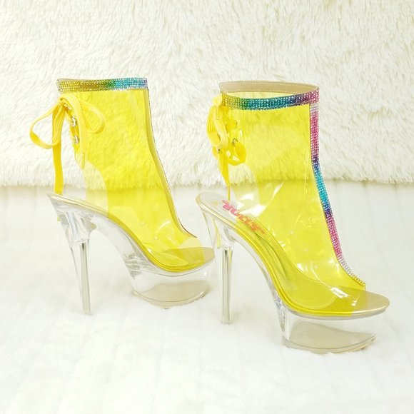 Yellow Clear Platform Heels Shoes Rhinestone Trim Golden Bulls - Picture 9 of 14